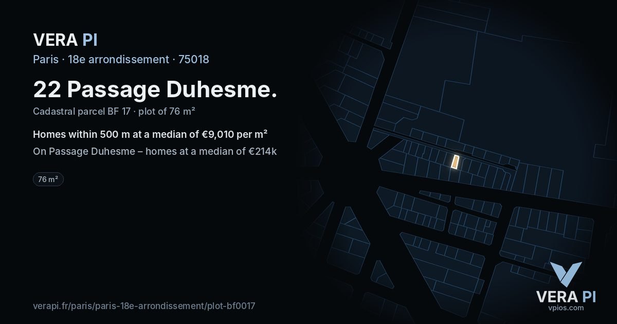 22 Passage Duhesme, 18e arrondissement at night – the plot lit, the parcels around coloured by the prices near them