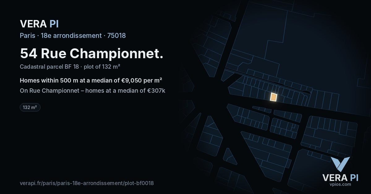 54 Rue Championnet, 18e arrondissement at night – the plot lit, the parcels around coloured by the prices near them