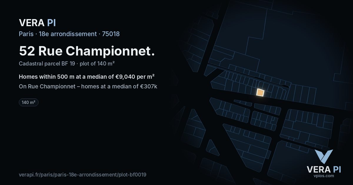 52 Rue Championnet, 18e arrondissement at night – the plot lit, the parcels around coloured by the prices near them