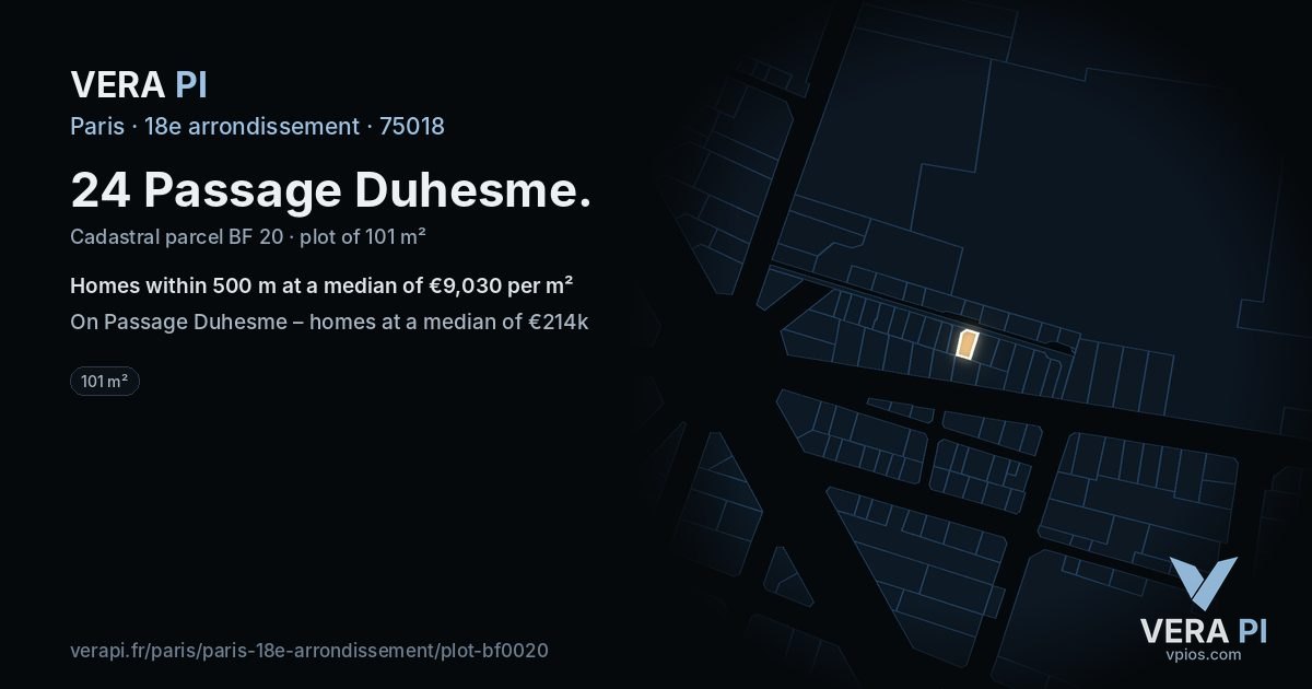 24 Passage Duhesme, 18e arrondissement at night – the plot lit, the parcels around coloured by the prices near them