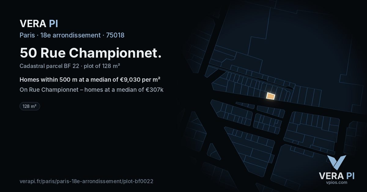 50 Rue Championnet, 18e arrondissement at night – the plot lit, the parcels around coloured by the prices near them