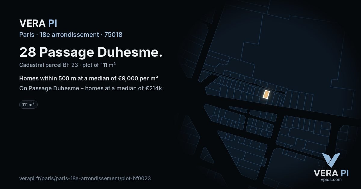 28 Passage Duhesme, 18e arrondissement at night – the plot lit, the parcels around coloured by the prices near them