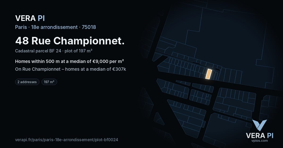 48 Rue Championnet, 18e arrondissement at night – the plot lit, the parcels around coloured by the prices near them
