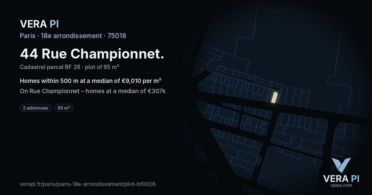44 Rue Championnet, 18e arrondissement at night – the plot lit, the parcels around coloured by the prices near them