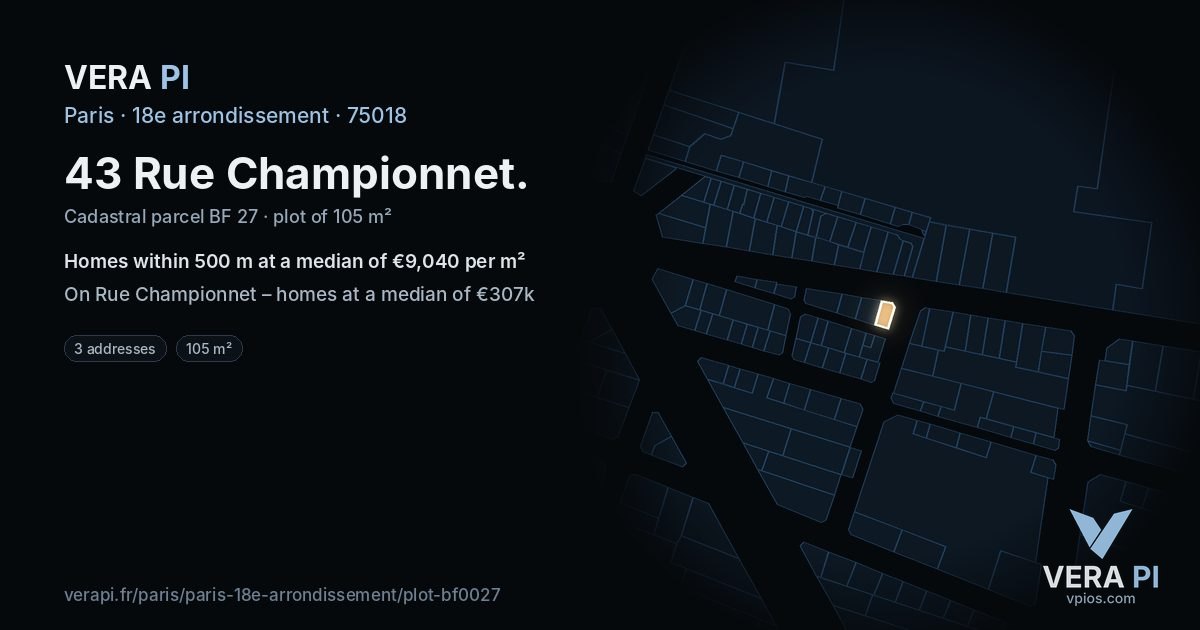 43 Rue Championnet, 18e arrondissement at night – the plot lit, the parcels around coloured by the prices near them