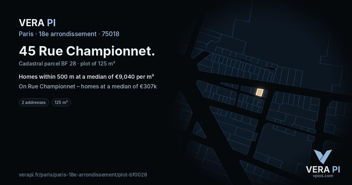 45 Rue Championnet, 18e arrondissement at night – the plot lit, the parcels around coloured by the prices near them