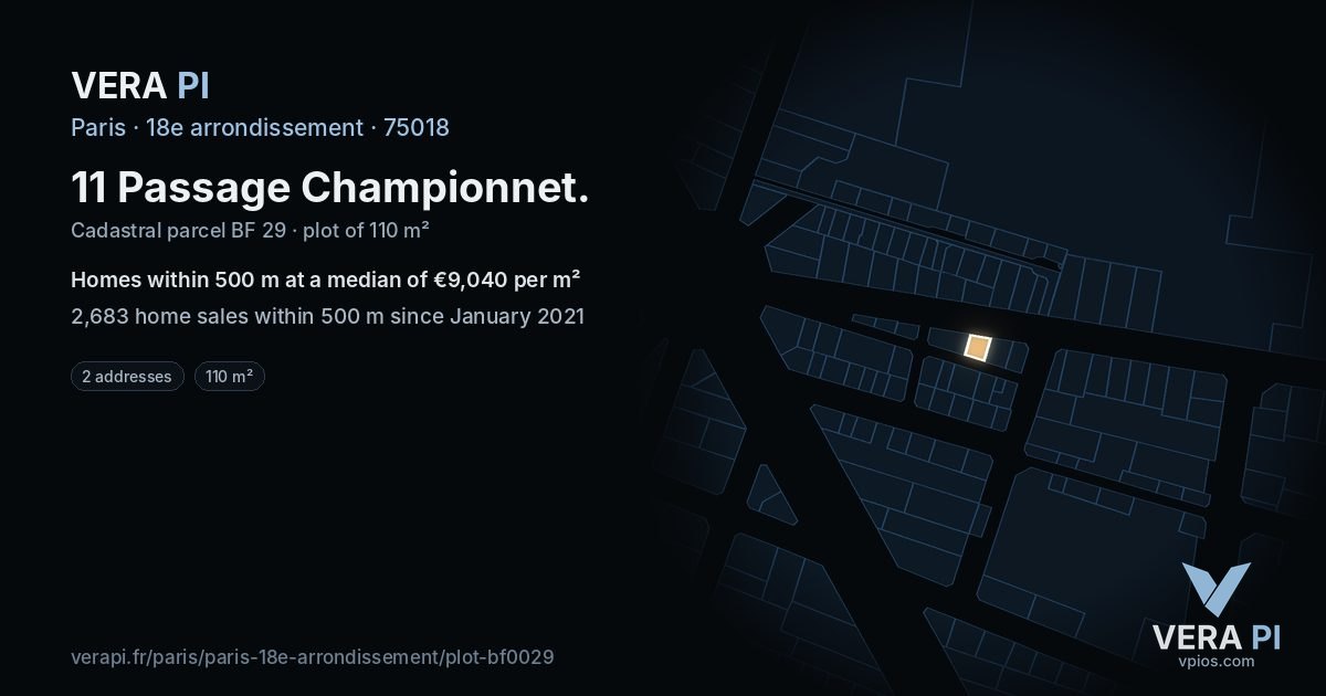 11 Passage Championnet, 18e arrondissement at night – the plot lit, the parcels around coloured by the prices near them