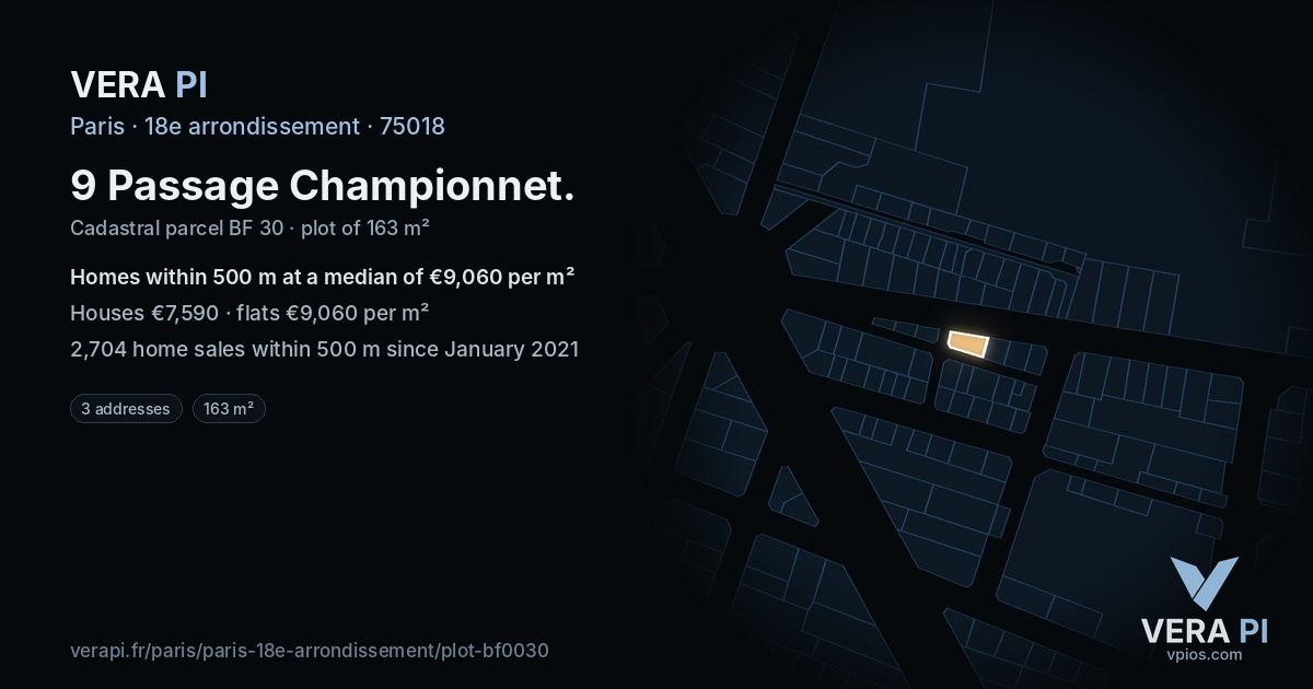 9 Passage Championnet, 18e arrondissement at night – the plot lit, the parcels around coloured by the prices near them