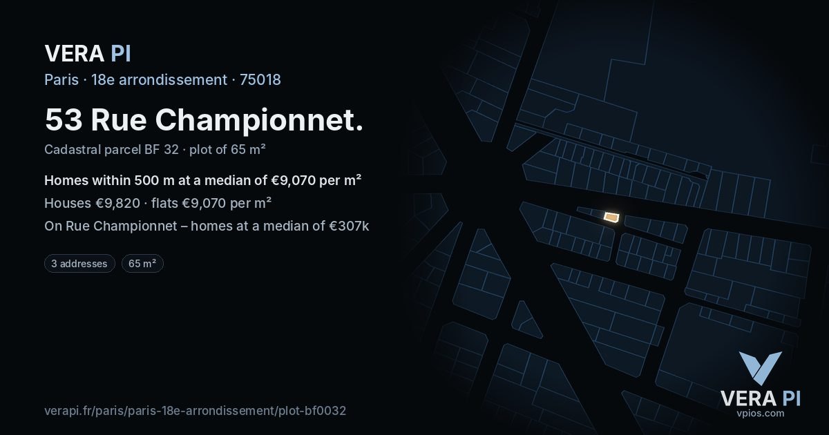 53 Rue Championnet, 18e arrondissement at night – the plot lit, the parcels around coloured by the prices near them