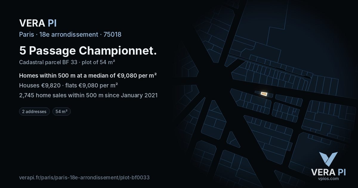5 Passage Championnet, 18e arrondissement at night – the plot lit, the parcels around coloured by the prices near them