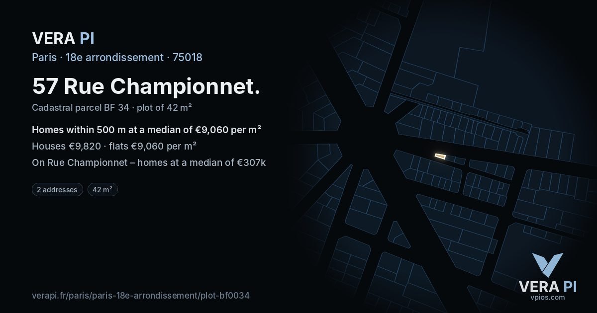 57 Rue Championnet, 18e arrondissement at night – the plot lit, the parcels around coloured by the prices near them