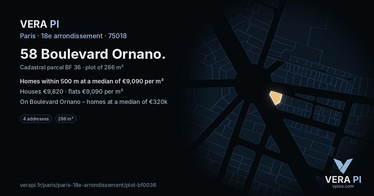 58 Boulevard Ornano, 18e arrondissement at night – the plot lit, the parcels around coloured by the prices near them