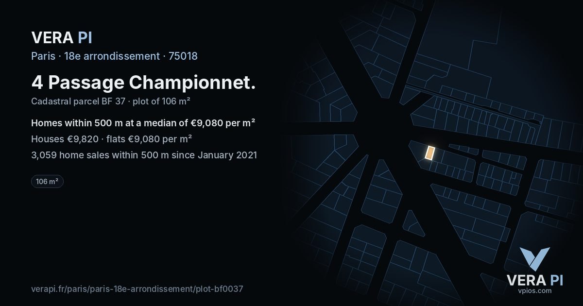 4 Passage Championnet, 18e arrondissement at night – the plot lit, the parcels around coloured by the prices near them