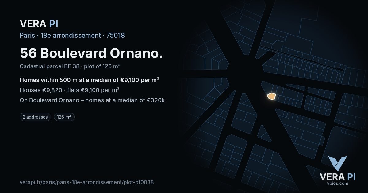 56 Boulevard Ornano, 18e arrondissement at night – the plot lit, the parcels around coloured by the prices near them