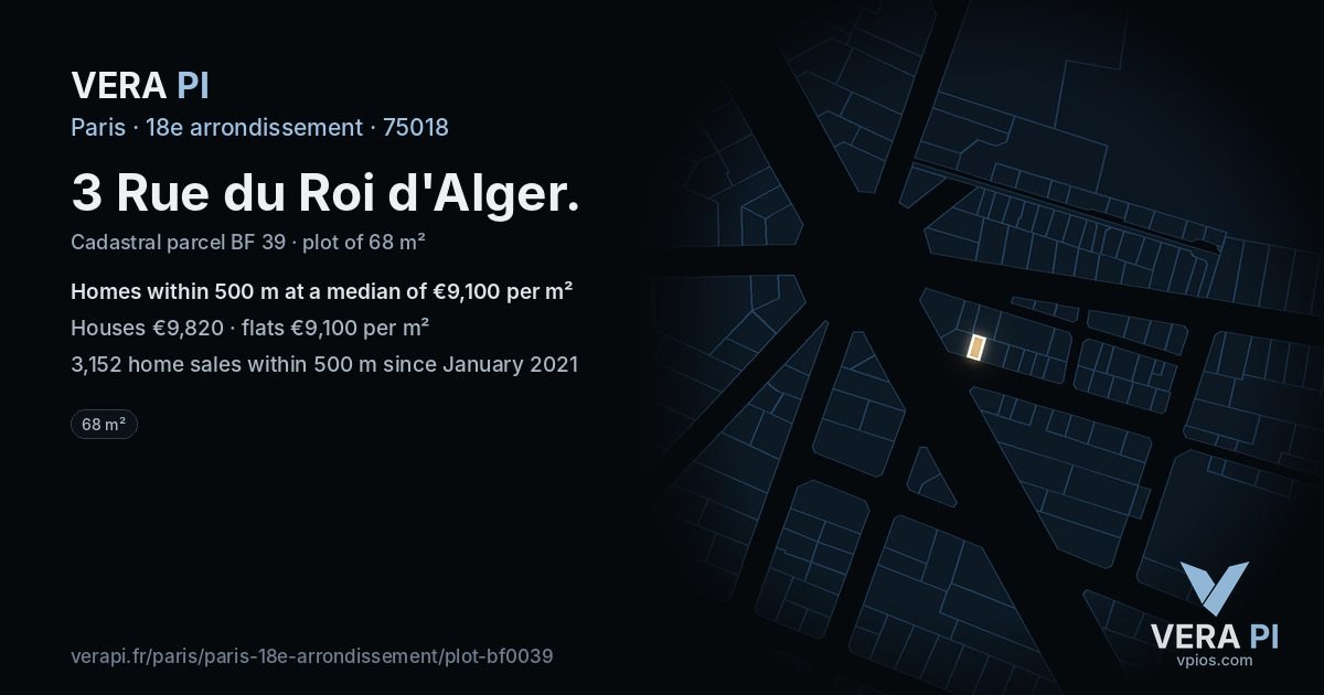 3 Rue du Roi d'Alger, 18e arrondissement at night – the plot lit, the parcels around coloured by the prices near them
