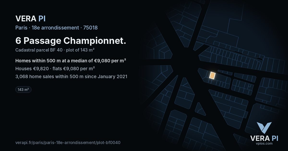 6 Passage Championnet, 18e arrondissement at night – the plot lit, the parcels around coloured by the prices near them