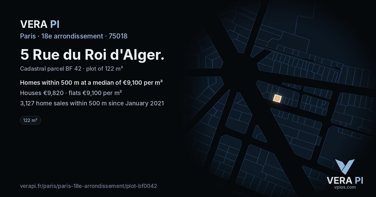 5 Rue du Roi d'Alger, 18e arrondissement at night – the plot lit, the parcels around coloured by the prices near them