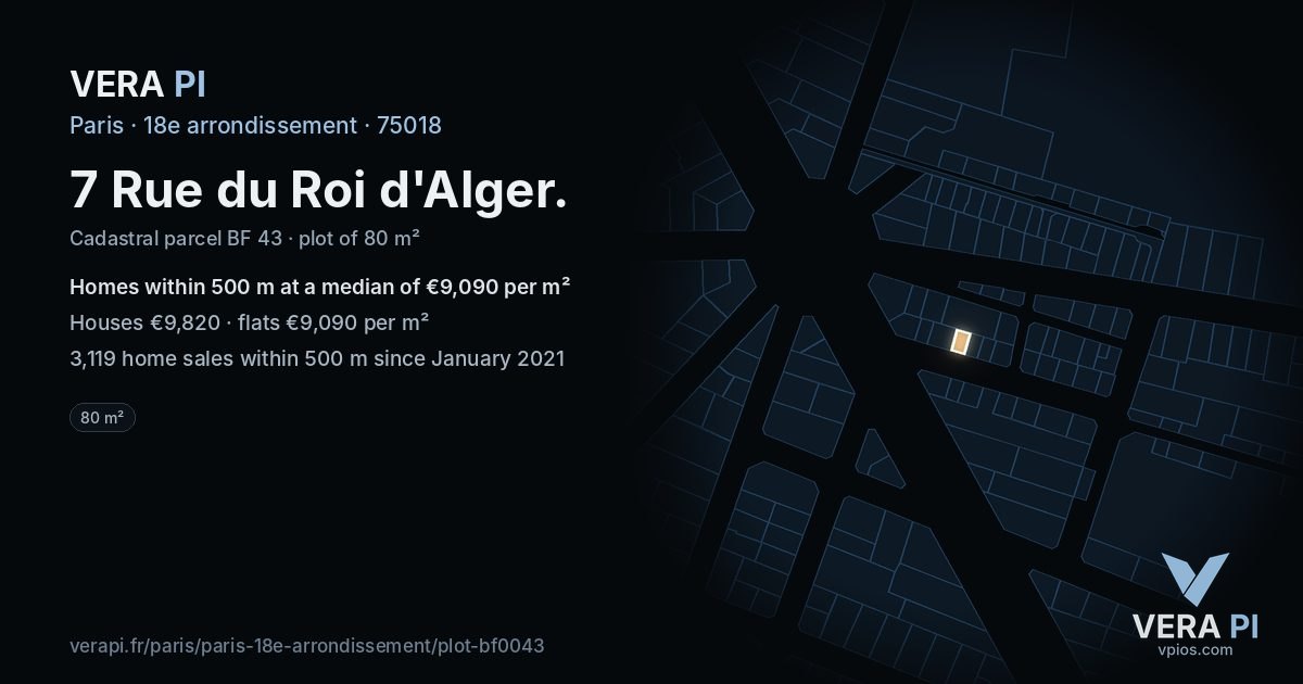 7 Rue du Roi d'Alger, 18e arrondissement at night – the plot lit, the parcels around coloured by the prices near them
