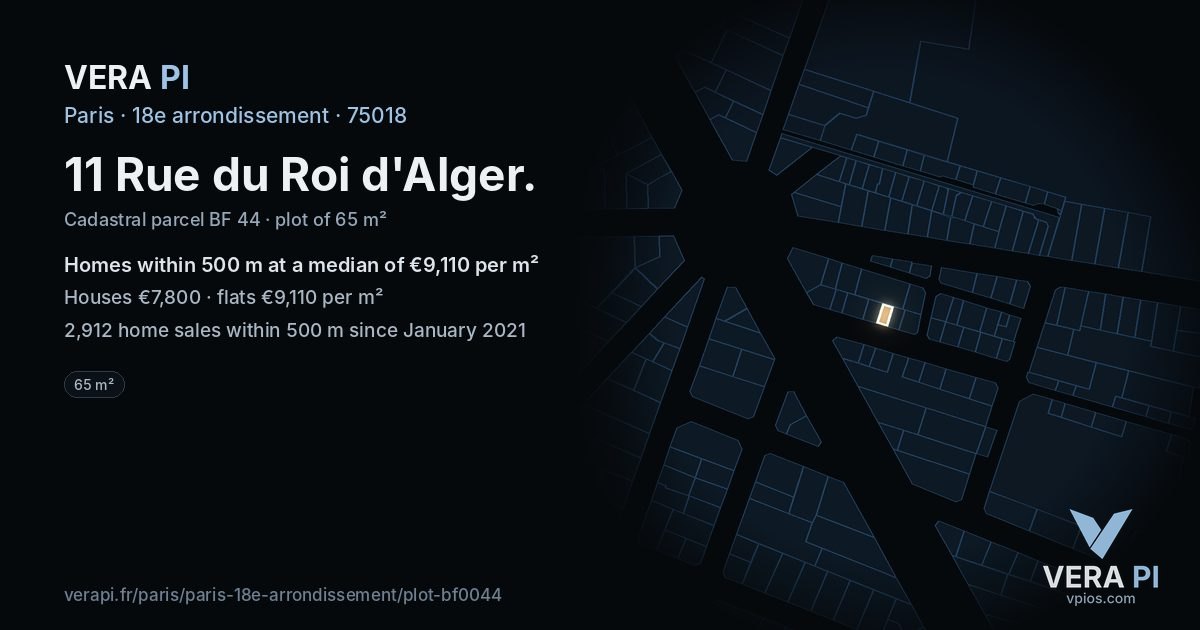 11 Rue du Roi d'Alger, 18e arrondissement at night – the plot lit, the parcels around coloured by the prices near them