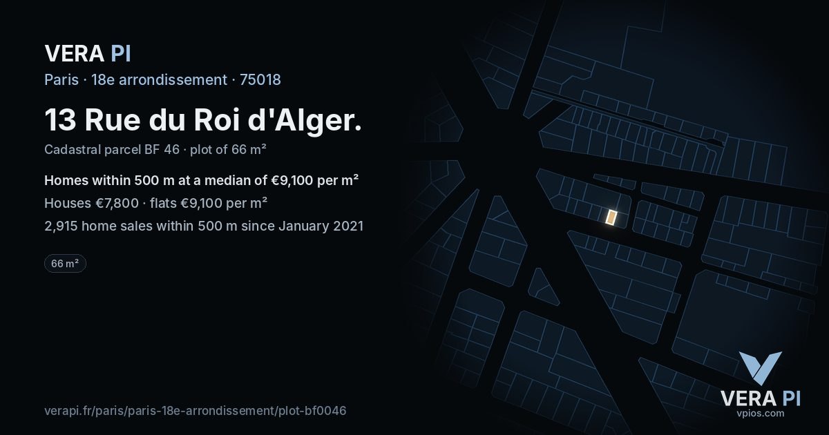 13 Rue du Roi d'Alger, 18e arrondissement at night – the plot lit, the parcels around coloured by the prices near them