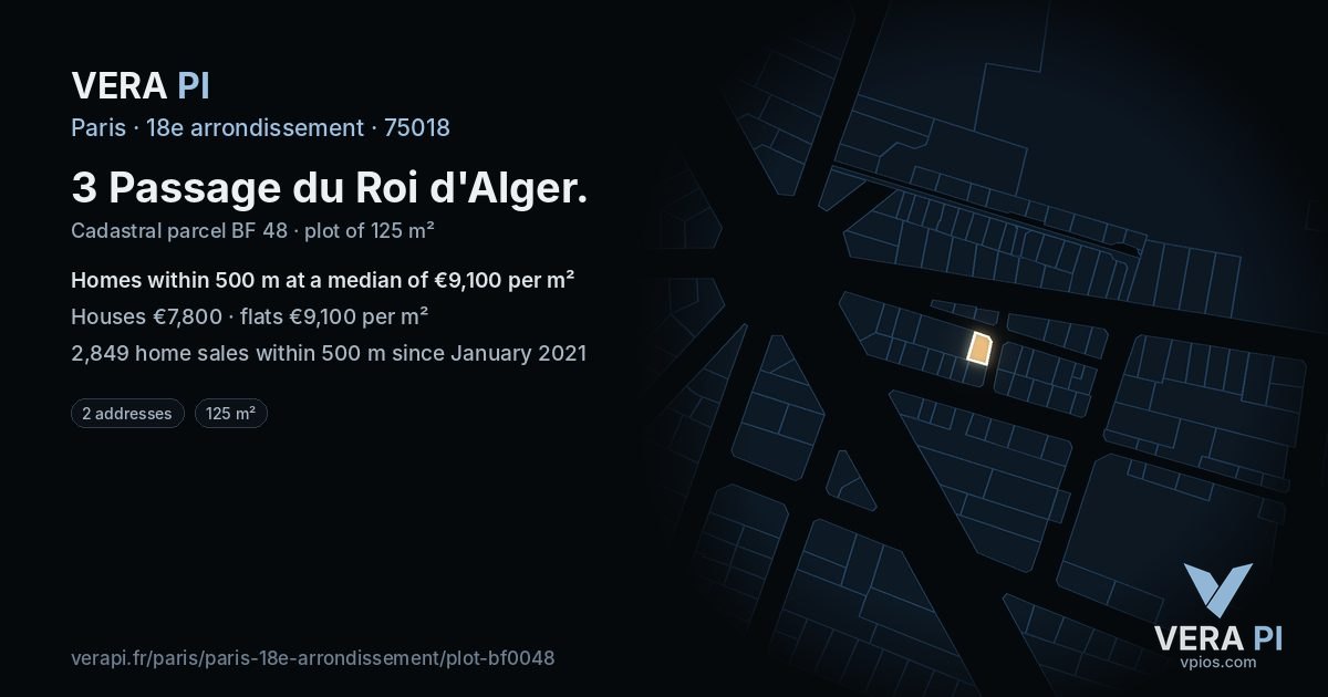 3 Passage du Roi d'Alger, 18e arrondissement at night – the plot lit, the parcels around coloured by the prices near them