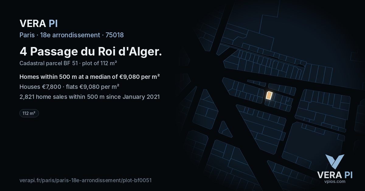 4 Passage du Roi d'Alger, 18e arrondissement at night – the plot lit, the parcels around coloured by the prices near them