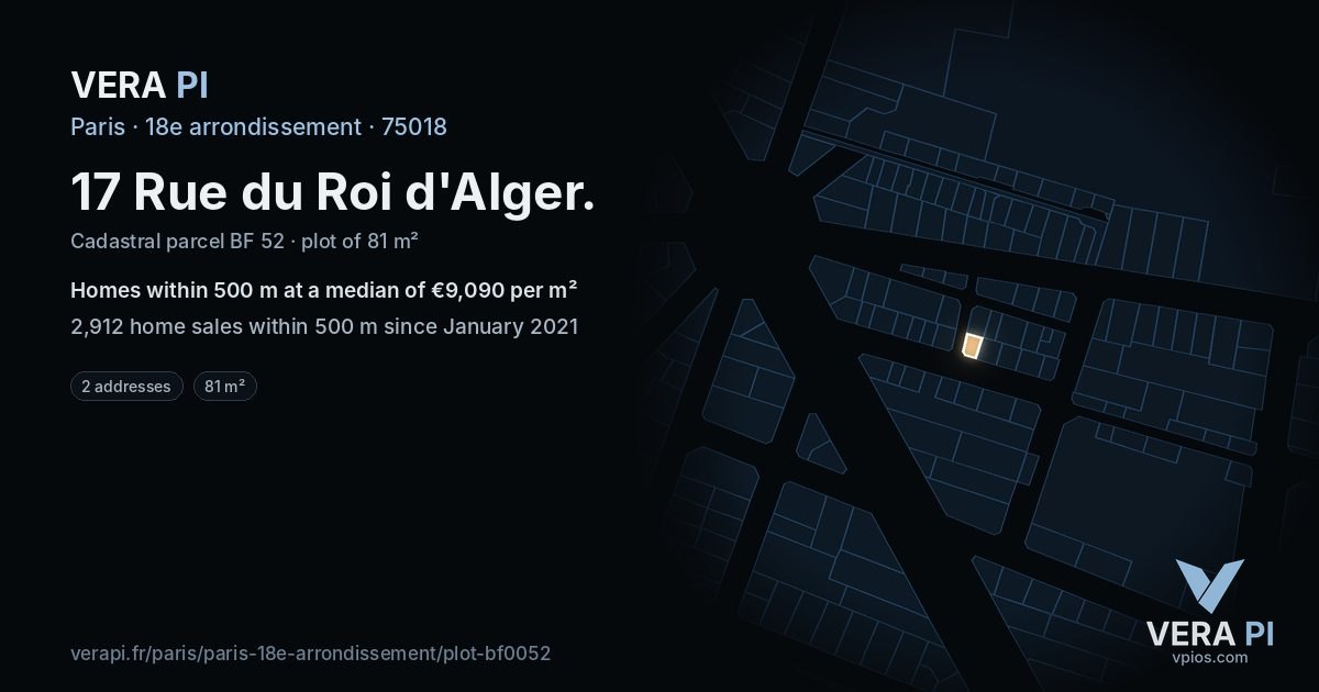 17 Rue du Roi d'Alger, 18e arrondissement at night – the plot lit, the parcels around coloured by the prices near them