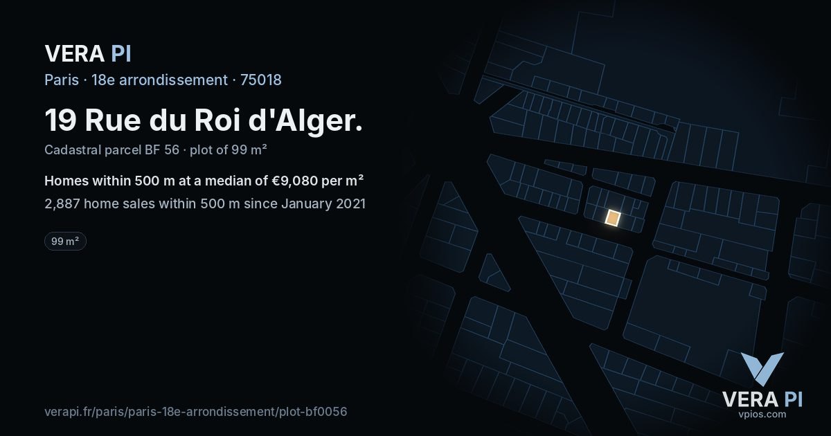 19 Rue du Roi d'Alger, 18e arrondissement at night – the plot lit, the parcels around coloured by the prices near them