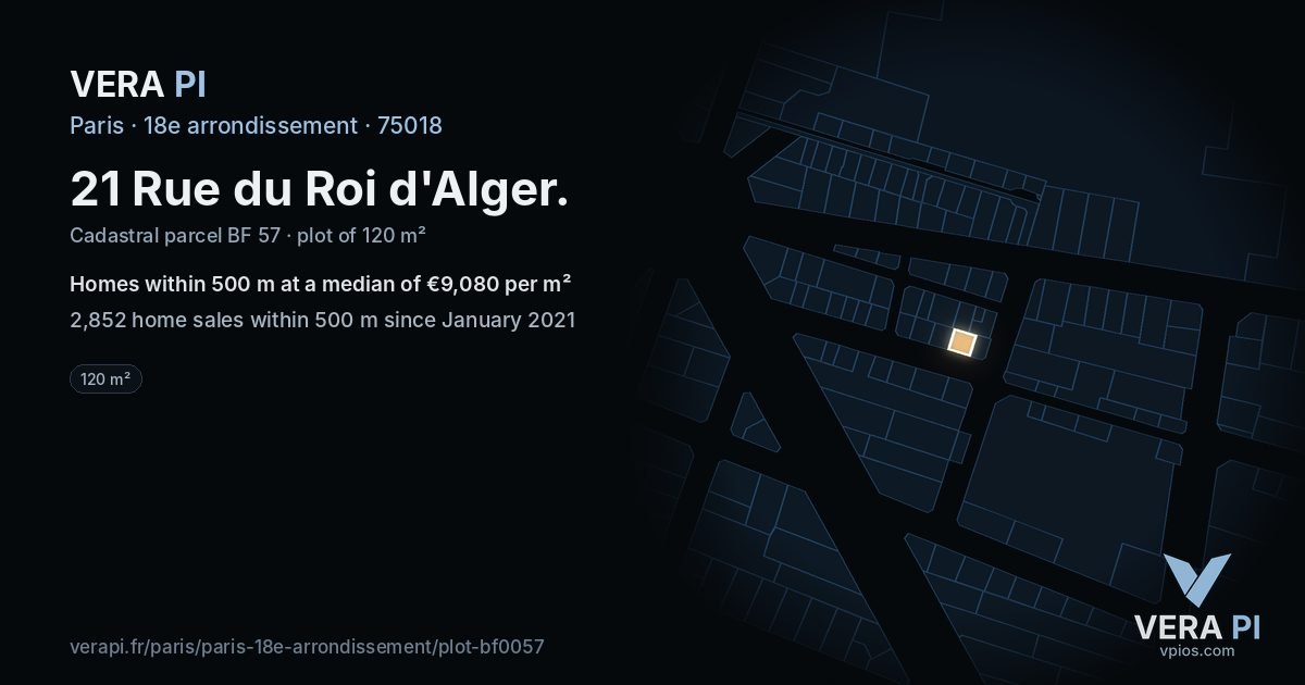 21 Rue du Roi d'Alger, 18e arrondissement at night – the plot lit, the parcels around coloured by the prices near them