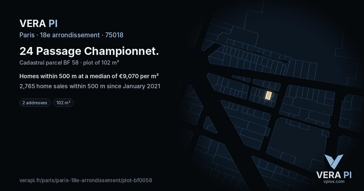 24 Passage Championnet, 18e arrondissement at night – the plot lit, the parcels around coloured by the prices near them