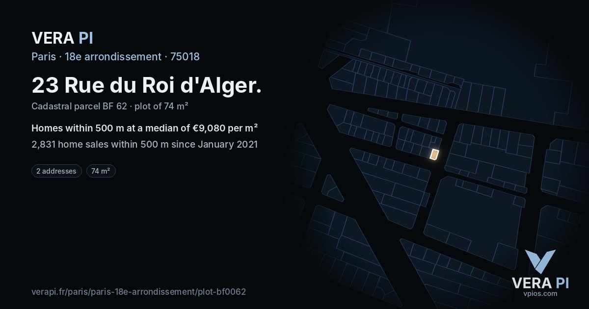 23 Rue du Roi d'Alger, 18e arrondissement at night – the plot lit, the parcels around coloured by the prices near them