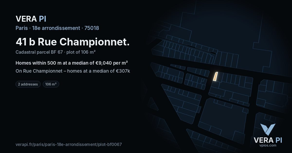 41 b Rue Championnet, 18e arrondissement at night – the plot lit, the parcels around coloured by the prices near them