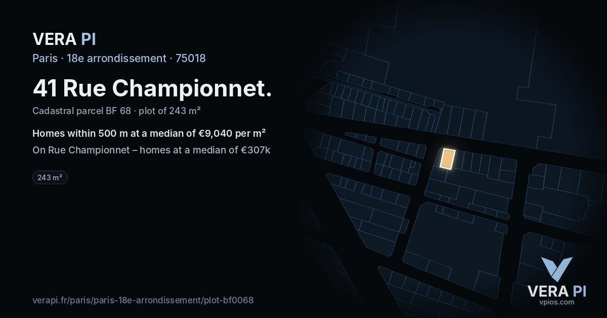 41 Rue Championnet, 18e arrondissement at night – the plot lit, the parcels around coloured by the prices near them