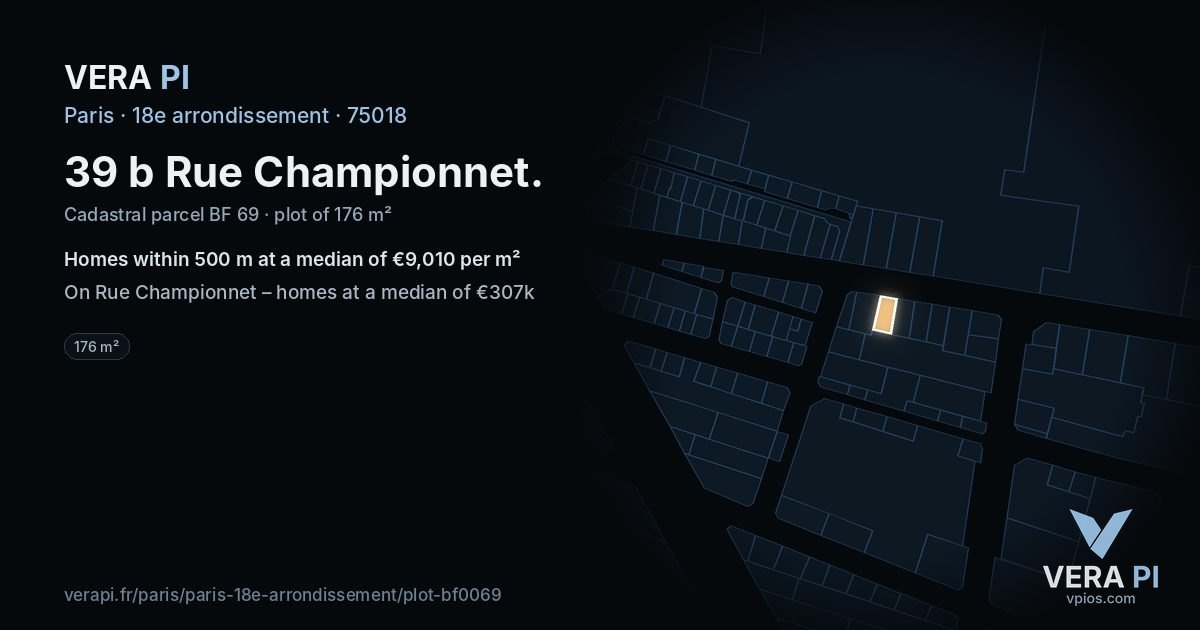 39 b Rue Championnet, 18e arrondissement at night – the plot lit, the parcels around coloured by the prices near them
