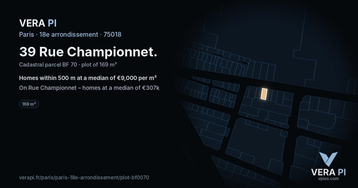 39 Rue Championnet, 18e arrondissement at night – the plot lit, the parcels around coloured by the prices near them