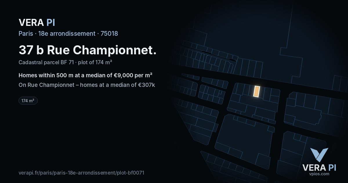 37 b Rue Championnet, 18e arrondissement at night – the plot lit, the parcels around coloured by the prices near them