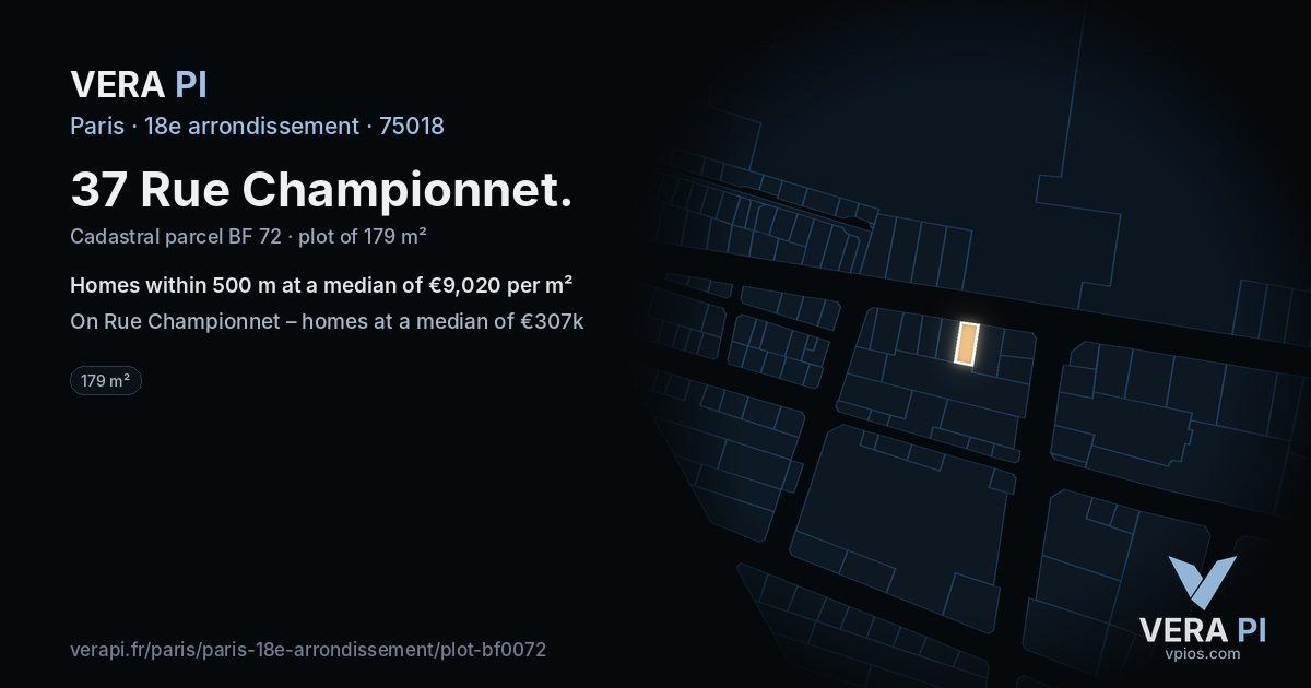 37 Rue Championnet, 18e arrondissement at night – the plot lit, the parcels around coloured by the prices near them