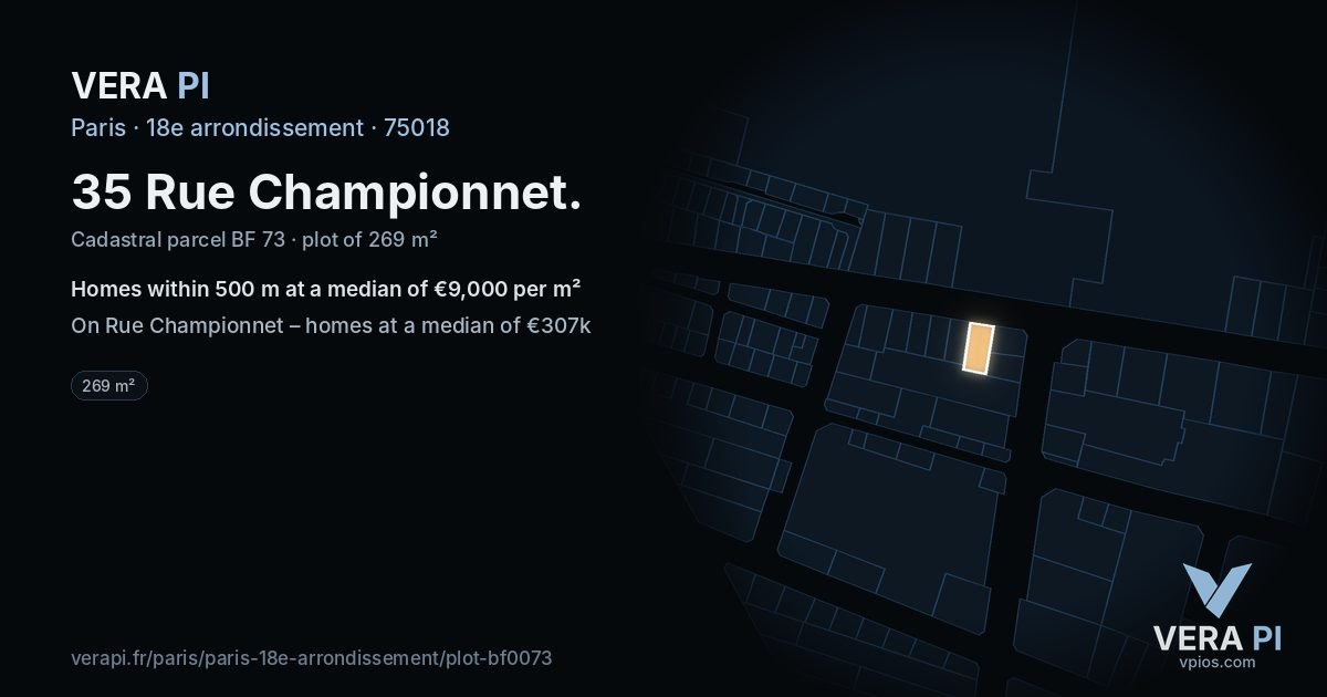 35 Rue Championnet, 18e arrondissement at night – the plot lit, the parcels around coloured by the prices near them