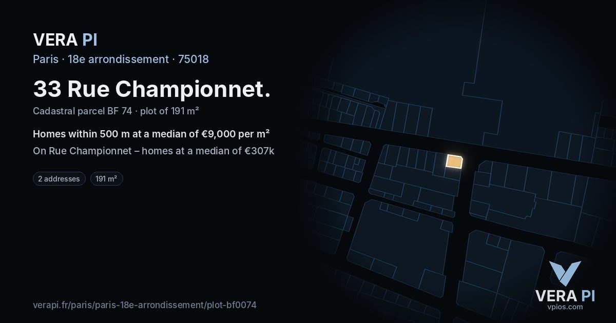33 Rue Championnet, 18e arrondissement at night – the plot lit, the parcels around coloured by the prices near them