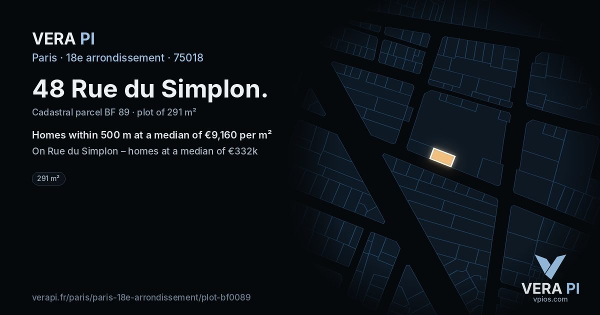 48 Rue du Simplon, 18e arrondissement at night – the plot lit, the parcels around coloured by the prices near them