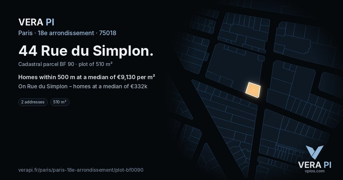 44 Rue du Simplon, 18e arrondissement at night – the plot lit, the parcels around coloured by the prices near them