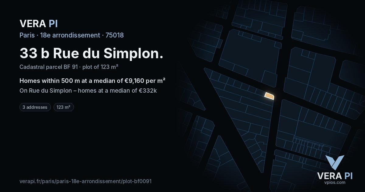 33 b Rue du Simplon, 18e arrondissement at night – the plot lit, the parcels around coloured by the prices near them