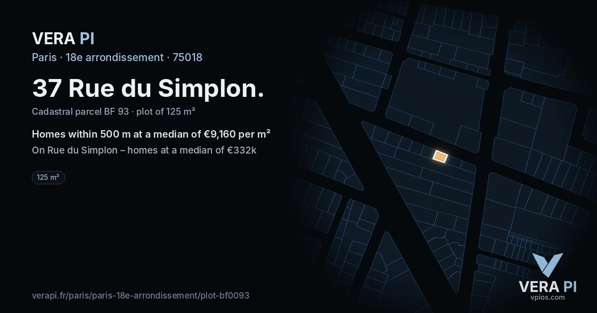37 Rue du Simplon, 18e arrondissement at night – the plot lit, the parcels around coloured by the prices near them