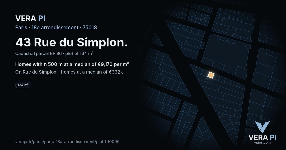 43 Rue du Simplon, 18e arrondissement at night – the plot lit, the parcels around coloured by the prices near them