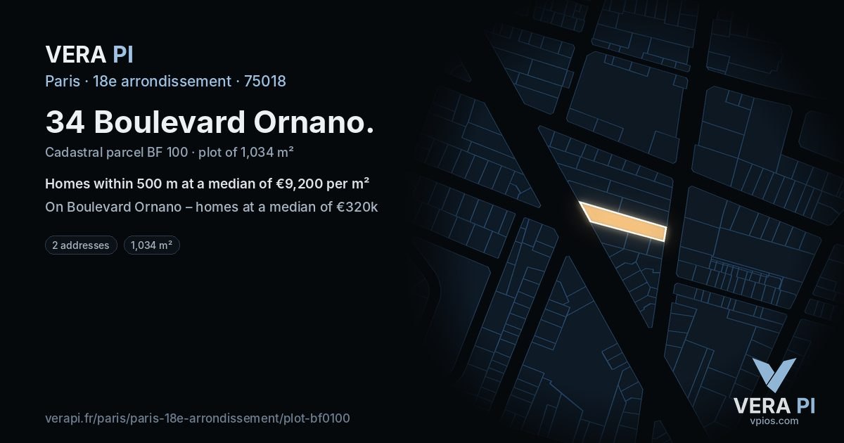 34 Boulevard Ornano, 18e arrondissement at night – the plot lit, the parcels around coloured by the prices near them
