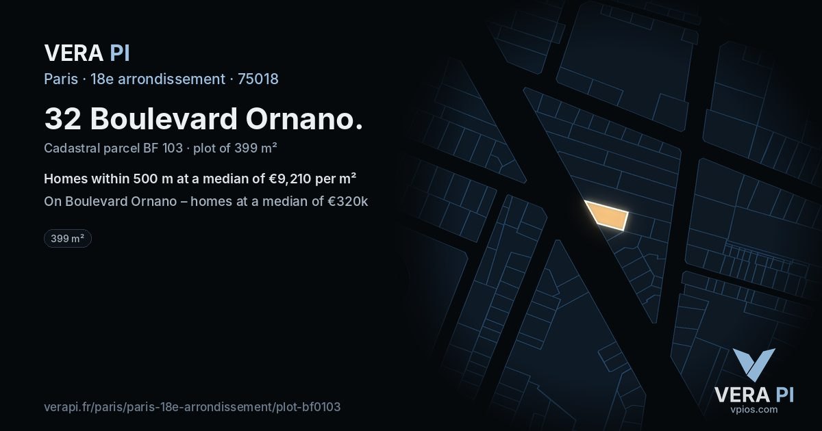 32 Boulevard Ornano, 18e arrondissement at night – the plot lit, the parcels around coloured by the prices near them