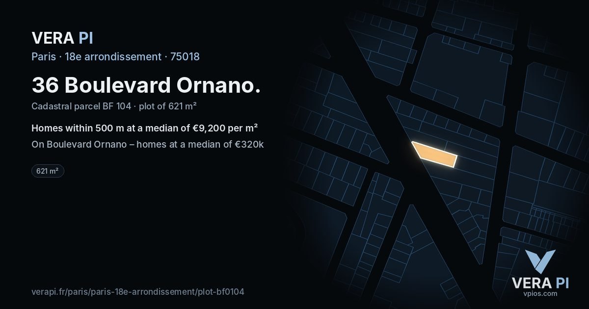 36 Boulevard Ornano, 18e arrondissement at night – the plot lit, the parcels around coloured by the prices near them