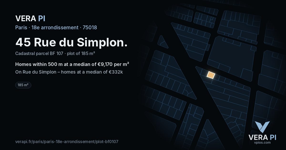 45 Rue du Simplon, 18e arrondissement at night – the plot lit, the parcels around coloured by the prices near them