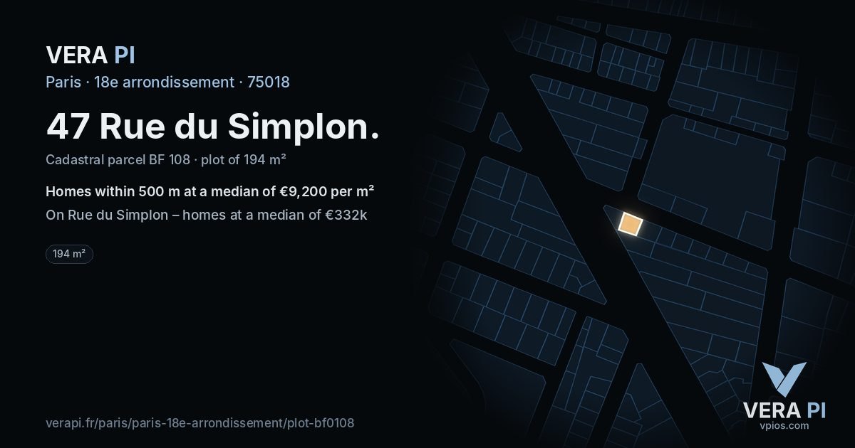 47 Rue du Simplon, 18e arrondissement at night – the plot lit, the parcels around coloured by the prices near them