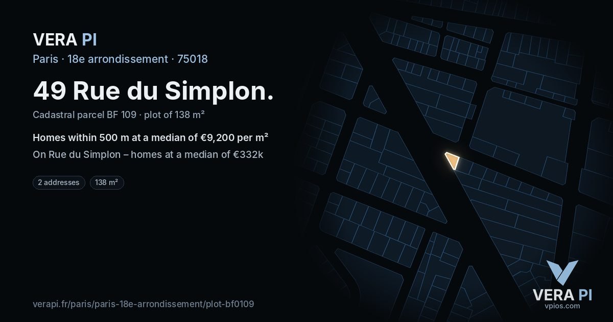 49 Rue du Simplon, 18e arrondissement at night – the plot lit, the parcels around coloured by the prices near them